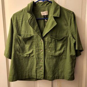 Linen-Blend Green Button Down